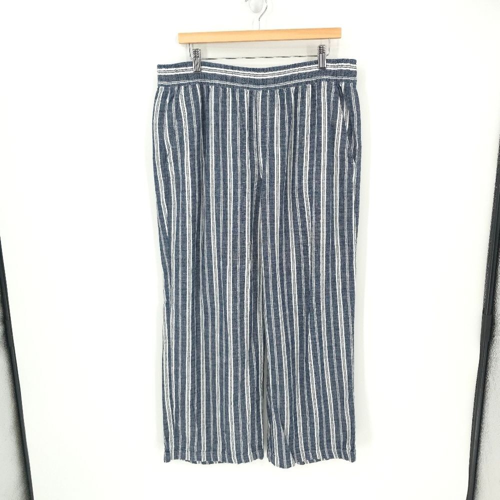 Old Navy Linen Cotton Wide Leg Pants Striped Pull-On Pockets Blue White Large - Picture 2 of 14